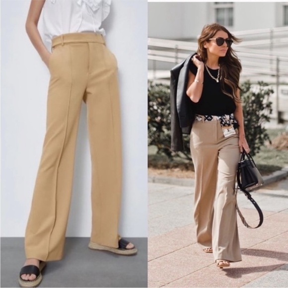Zara FLOWY STRAIGHT LEG PANTS Tan size M - Picture 1 of 14